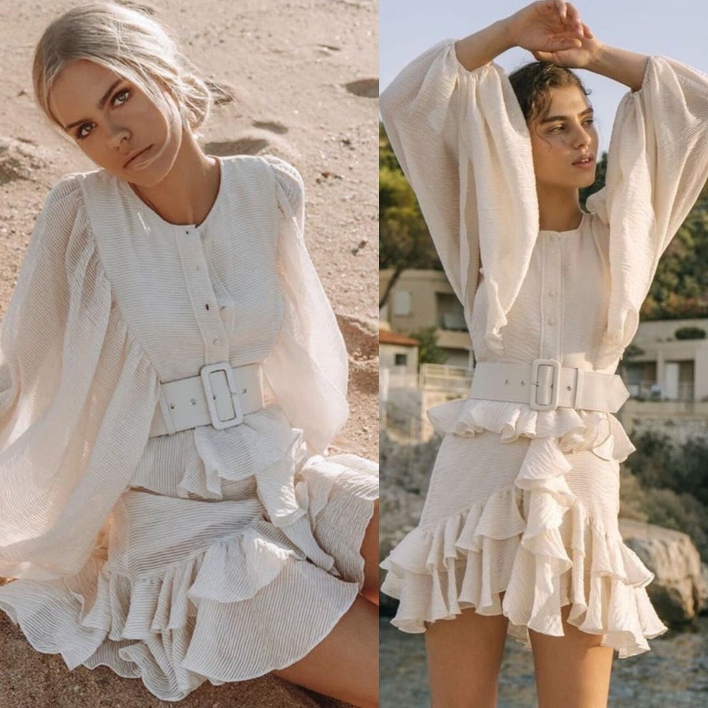 Shona Joy | Off White Charlotte Draped Ruffle Tier Mini Dress Ecru US 8 / AU 12